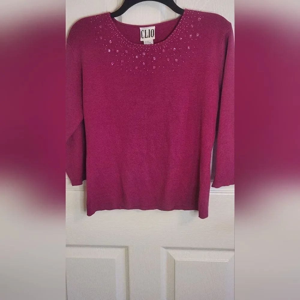 Vtg Clio L Rouge Pink 3/4 Slv SILK Blend Embellished Neckline Knit Women Sweater